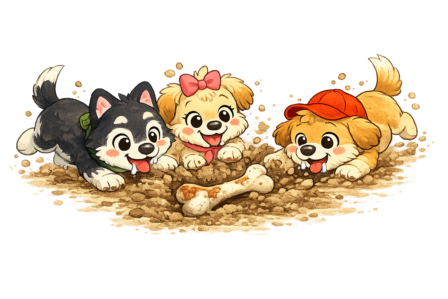 Three puppies excitedly discovering a bone